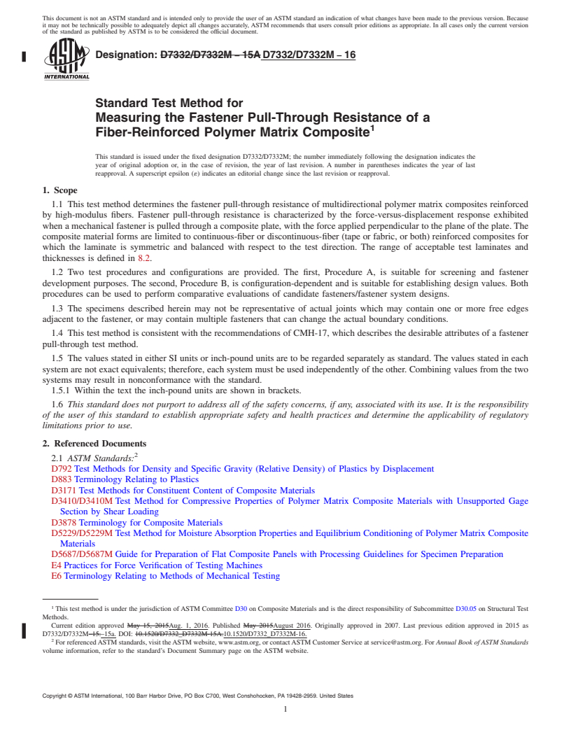 REDLINE ASTM D7332/D7332M-16 - Standard Test Method for Measuring the Fastener Pull-Through Resistance of a <brk/>Fiber-Reinforced  Polymer Matrix Composite