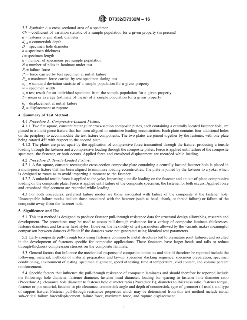 REDLINE ASTM D7332/D7332M-16 - Standard Test Method for Measuring the Fastener Pull-Through Resistance of a <brk/>Fiber-Reinforced  Polymer Matrix Composite