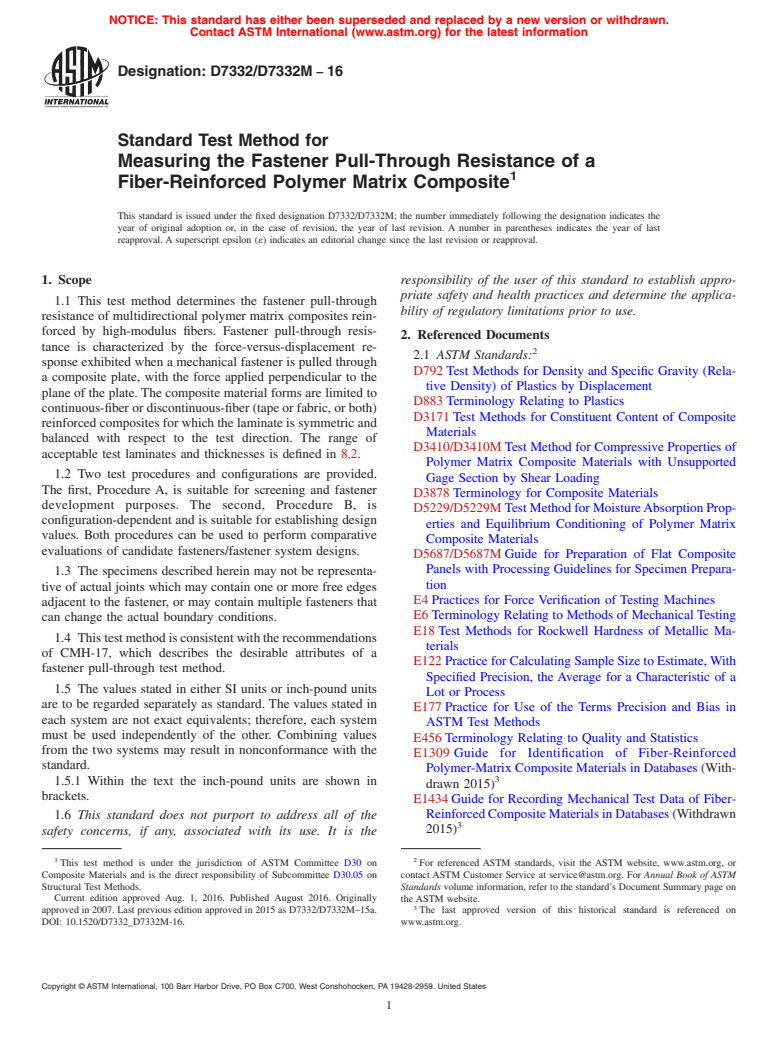 ASTM D7332/D7332M-16 - Standard Test Method for Measuring the Fastener Pull-Through Resistance of a <brk/>Fiber-Reinforced  Polymer Matrix Composite