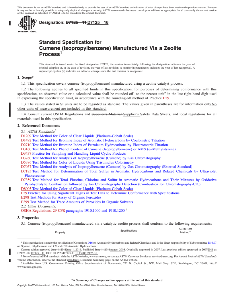 REDLINE ASTM D7125-16 - Standard Specification for Cumene (Isopropylbenzene) Manufactured Via a Zeolite Process