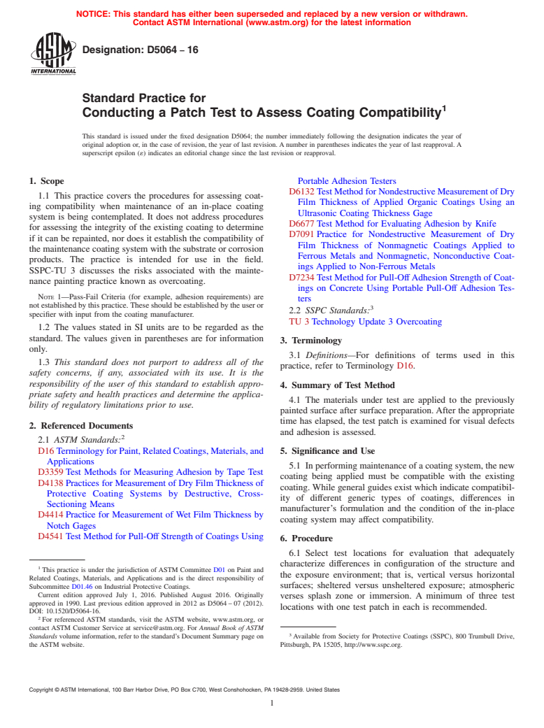 ASTM D5064-16 - Standard Practice for Conducting a Patch Test to Assess Coating Compatibility