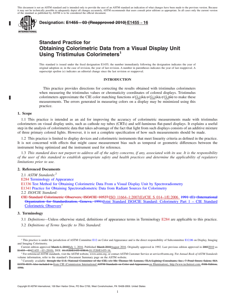 REDLINE ASTM E1455-16 - Standard Practice for Obtaining Colorimetric Data from a Visual Display Unit Using  Tristimulus Colorimeters