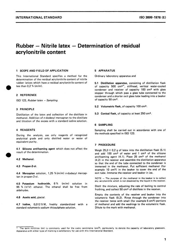 ISO 3899:1976 - Rubber -- Nitrile latex -- Determination of residual acrylonitrile content