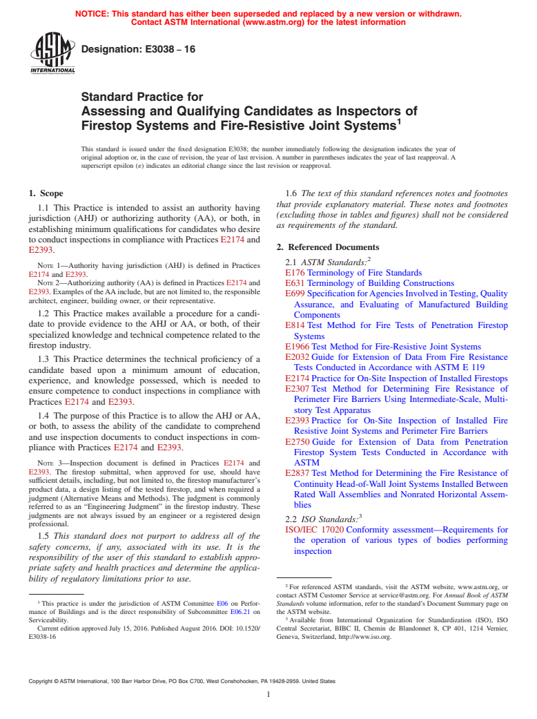 ASTM E3038-16 - Standard Practice for Assessing and Qualifying Candidates as Inspectors of Firestop  Systems and Fire-Resistive Joint Systems