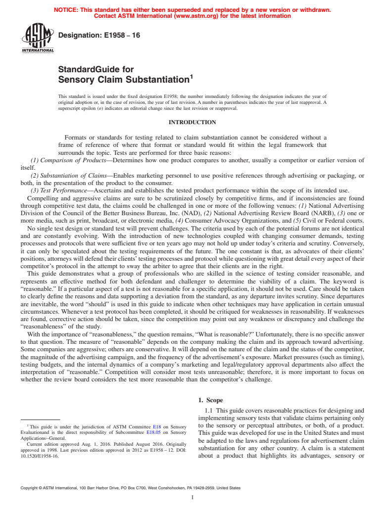 ASTM E1958-16 - Standard Guide for  Sensory Claim Substantiation