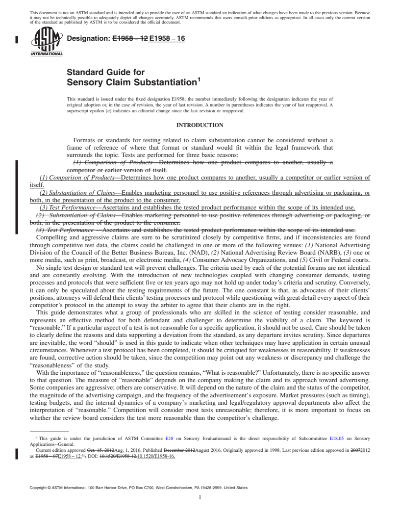 REDLINE ASTM E1958-16 - Standard Guide for  Sensory Claim Substantiation