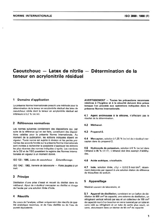 ISO 3899:1988 - Caoutchouc -- Latex de nitrile -- Détermination de la teneur en acrylonitrile résiduel