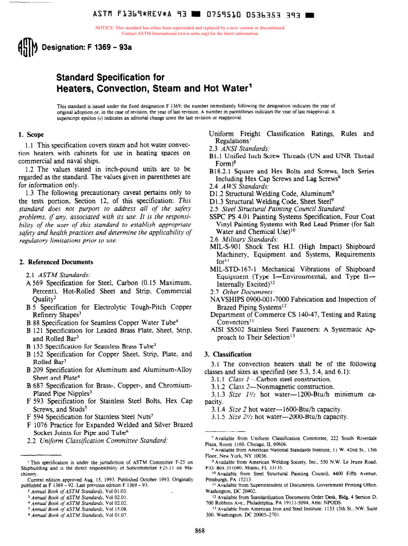 ASTM F1369-93a - Standard Specification for Heaters, Convection, Steam and Hot Water (Withdrawn 2002)