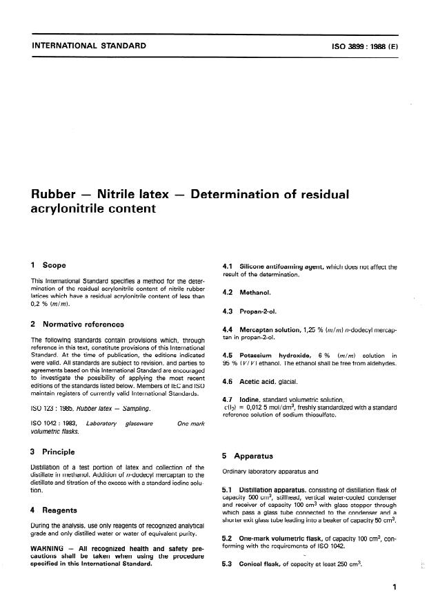 ISO 3899:1988 - Rubber -- Nitrile latex -- Determination of residual acrylonitrile content