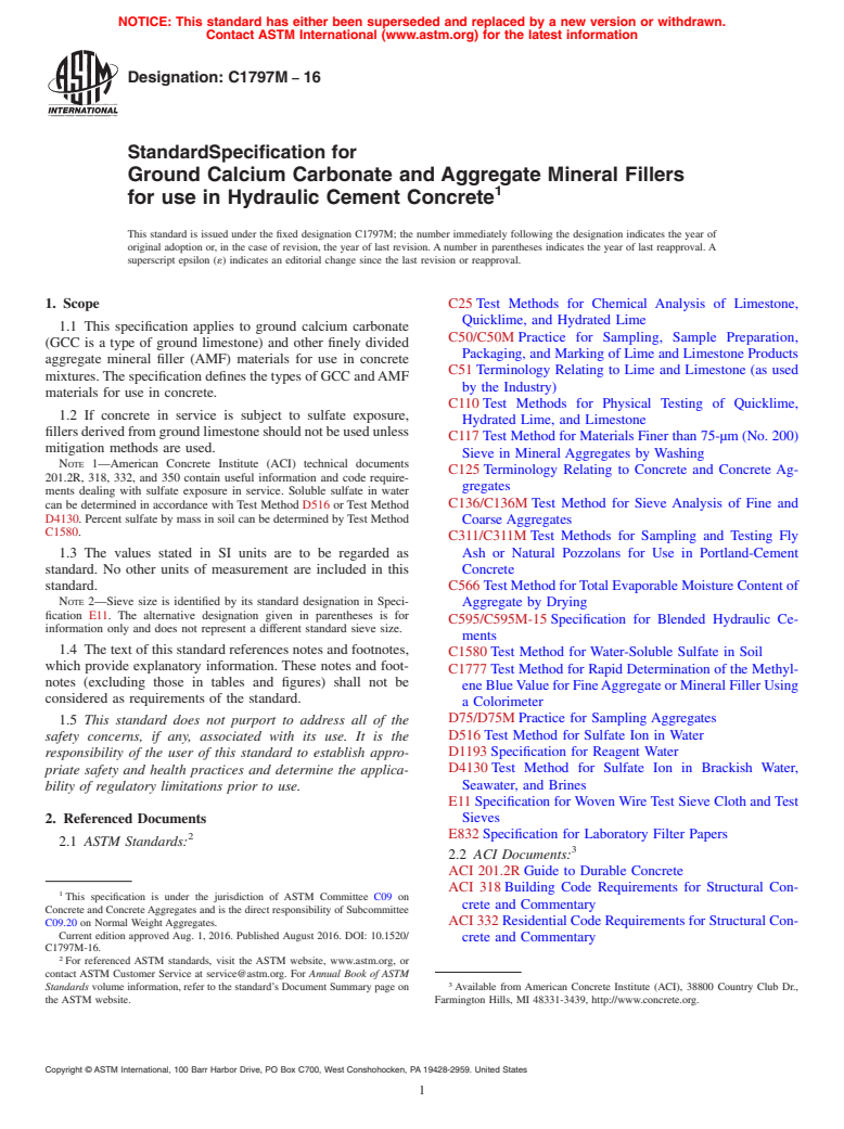 ASTM C1797M-16 - Standard Specification for Ground Calcium Carbonate and Aggregate Mineral Fillers for  use in Hydraulic Cement Concrete