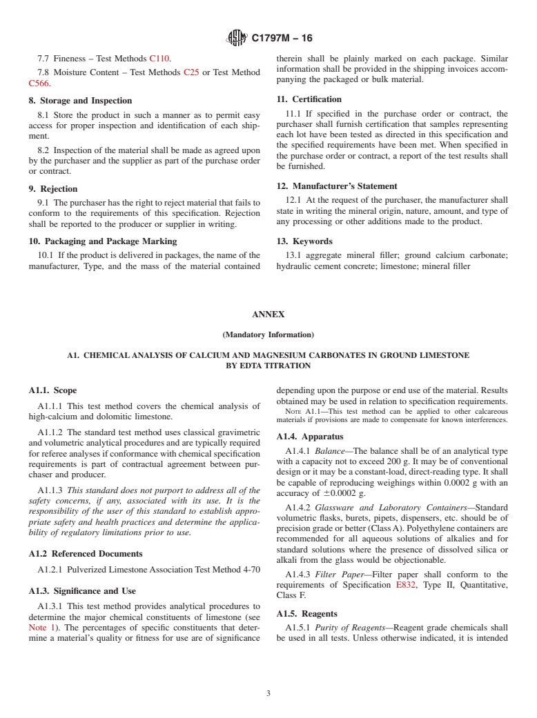 ASTM C1797M-16 - Standard Specification for Ground Calcium Carbonate and Aggregate Mineral Fillers for  use in Hydraulic Cement Concrete