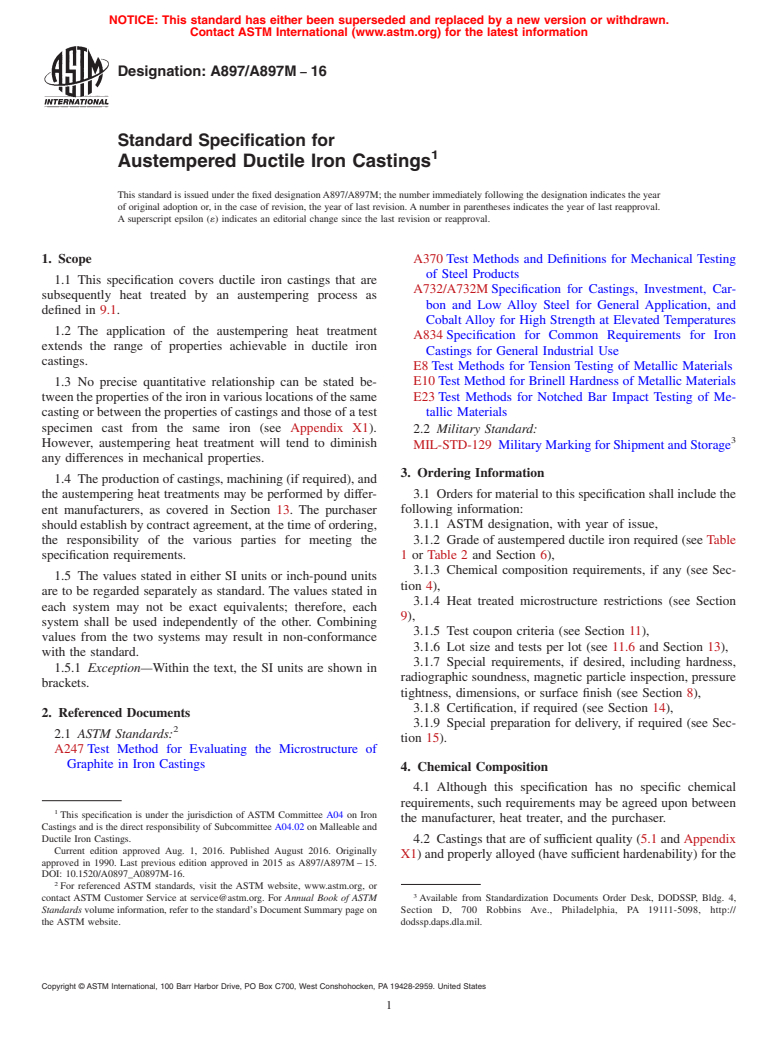 ASTM A897/A897M-16 - Standard Specification for  Austempered Ductile Iron Castings