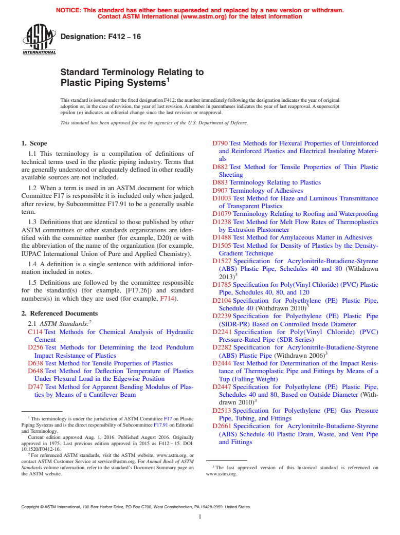 ASTM F412-16 - Standard Terminology Relating to  Plastic Piping Systems