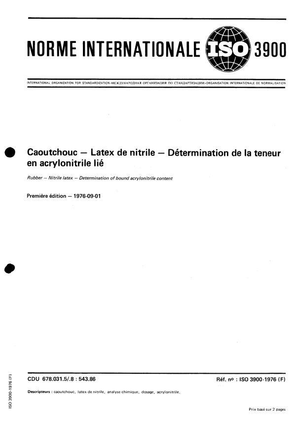 ISO 3900:1976 - Caoutchouc -- Latex de nitrile -- Détermination de la teneur en acrylonitrile lié