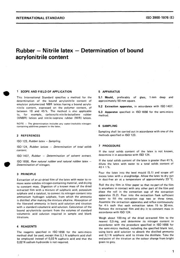ISO 3900:1976 - Rubber -- Nitrile latex -- Determination of bound acrylonitrile content