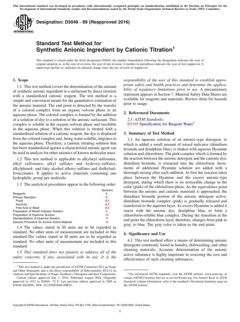 ASTM D3049-89(2016) - Standard Test Method for  Synthetic Anionic Ingredient by Cationic Titration