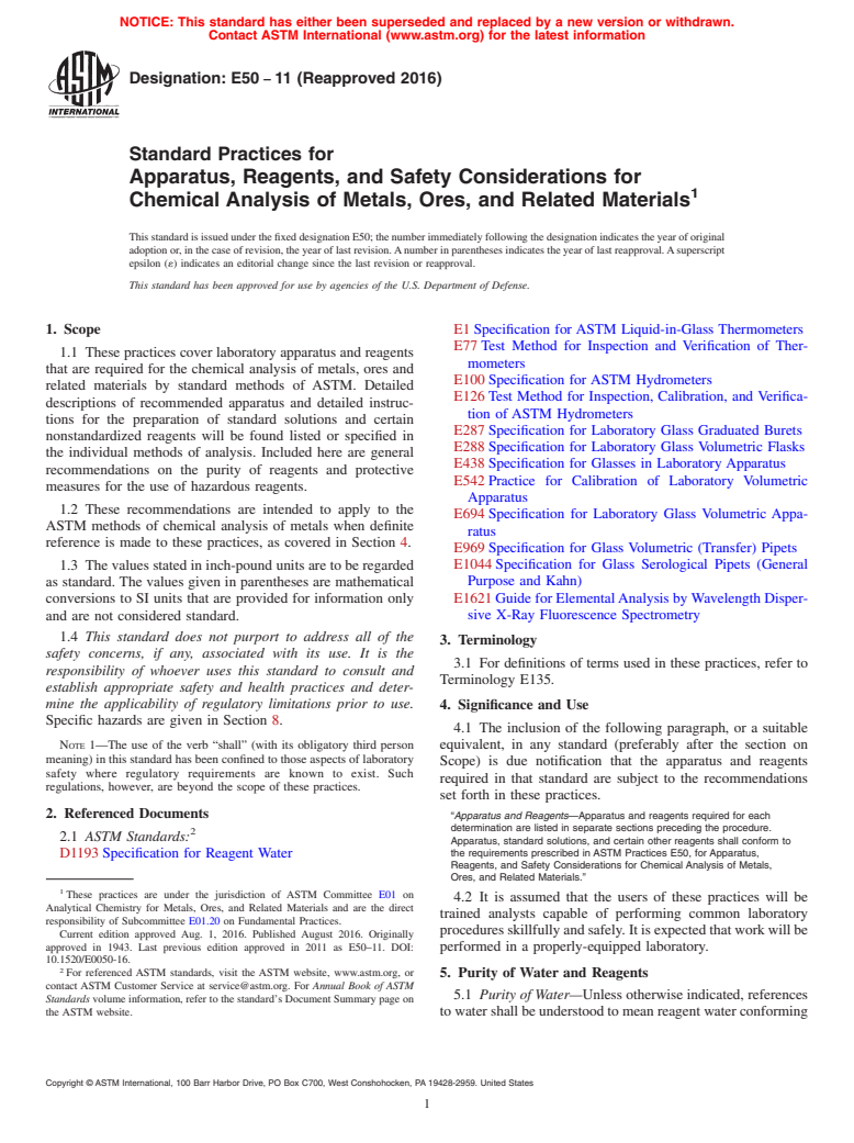 ASTM E50-11(2016) - Standard Practices for  Apparatus, Reagents, and Safety Considerations for Chemical  Analysis  of Metals, Ores, and Related Materials