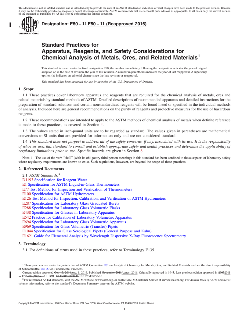 REDLINE ASTM E50-11(2016) - Standard Practices for  Apparatus, Reagents, and Safety Considerations for Chemical  Analysis  of Metals, Ores, and Related Materials