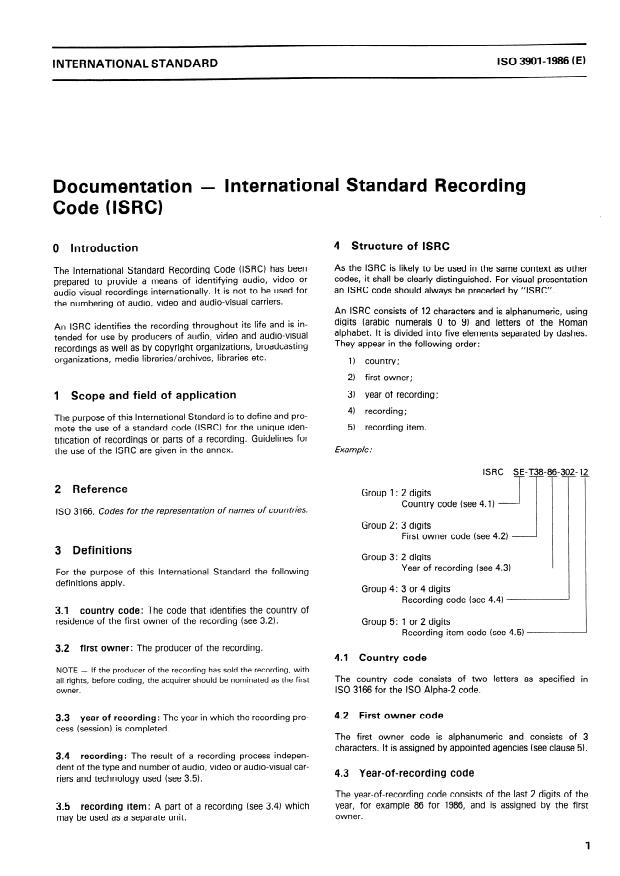 ISO 3901:1986 - Documentation -- International Standard Recording Code (ISRC)