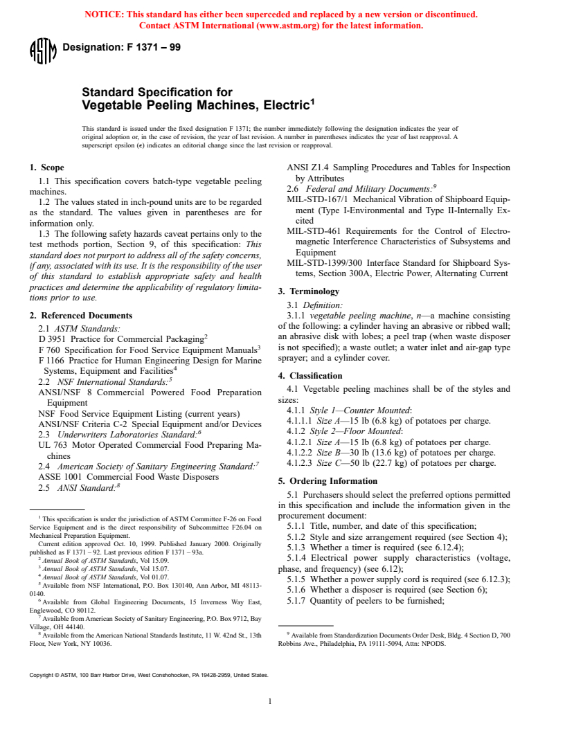ASTM F1371-99 - Standard Specification for Vegetable Peeling Machines, Electric