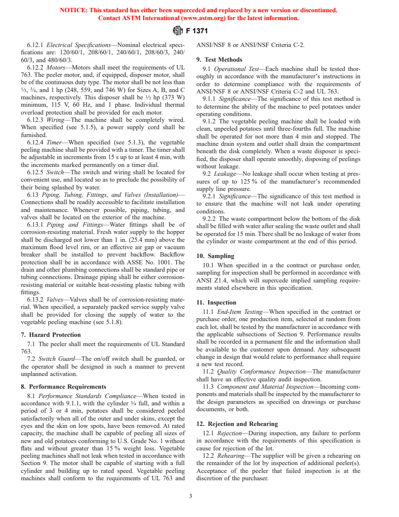 ASTM F1371-99 - Standard Specification for Vegetable Peeling Machines, Electric