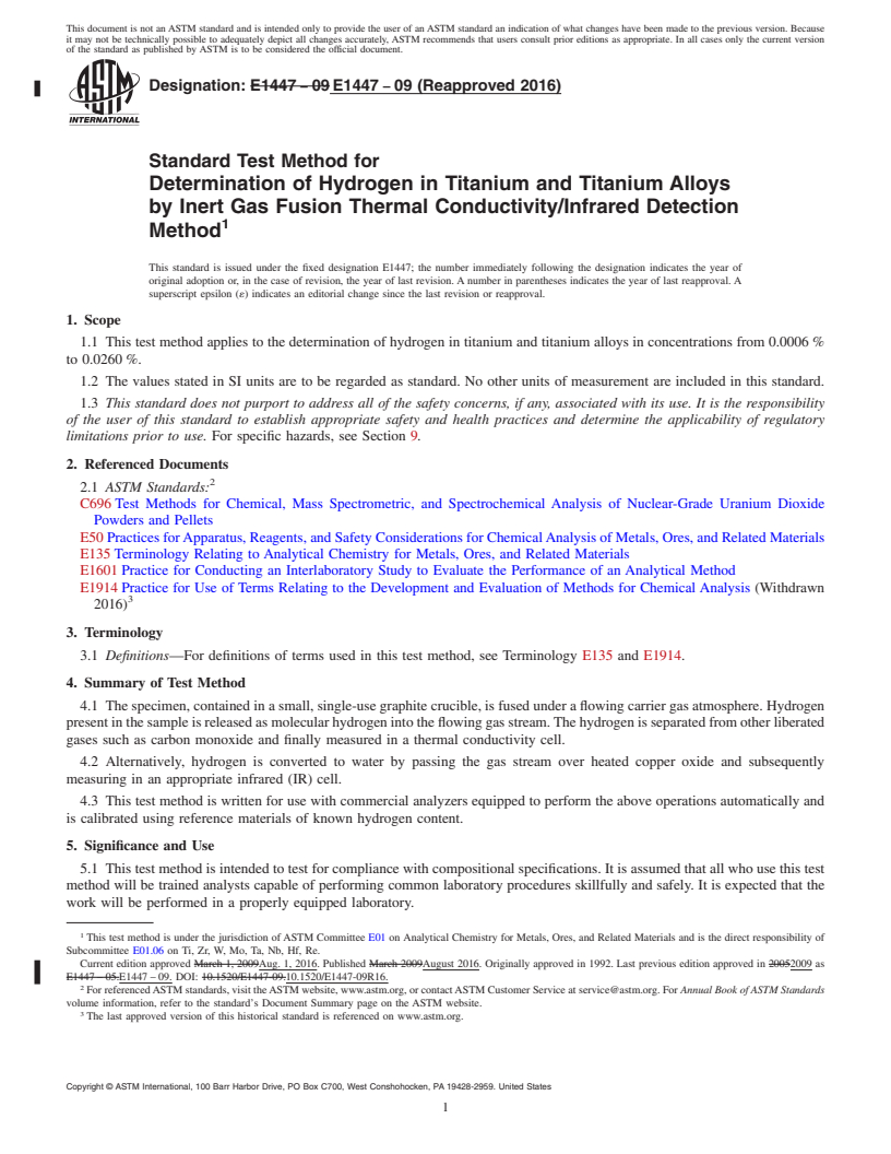 REDLINE ASTM E1447-09(2016) - Standard Test Method for  Determination of Hydrogen in Titanium and Titanium Alloys by  Inert  Gas Fusion Thermal Conductivity/Infrared Detection Method