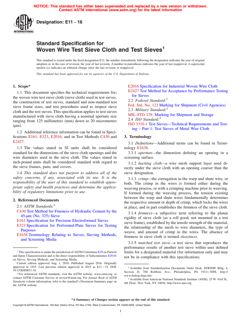 ASTM E11-16 - Standard Specification for  Woven Wire Test Sieve Cloth and Test Sieves