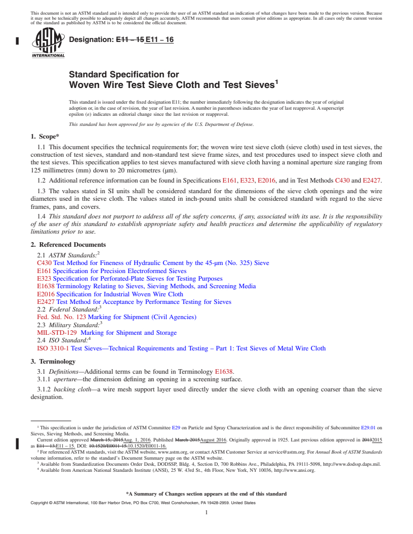 REDLINE ASTM E11-16 - Standard Specification for  Woven Wire Test Sieve Cloth and Test Sieves