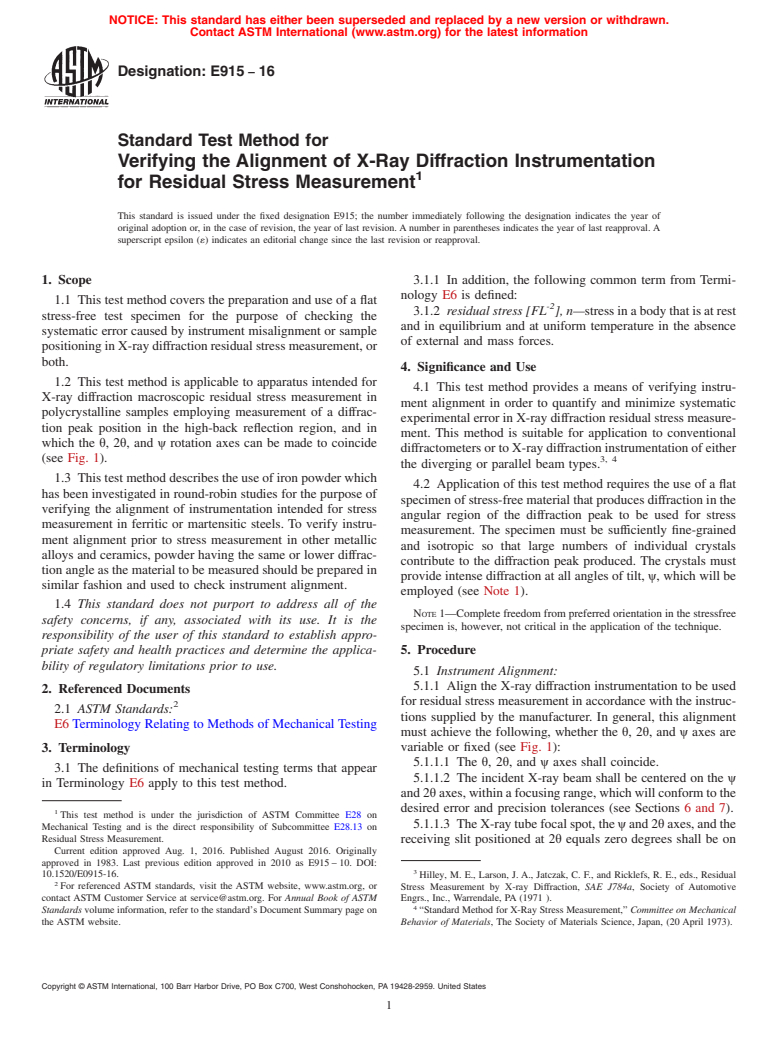 ASTM E915-16 - Standard Test Method for  Verifying the Alignment of X-Ray Diffraction Instrumentation  for Residual Stress Measurement