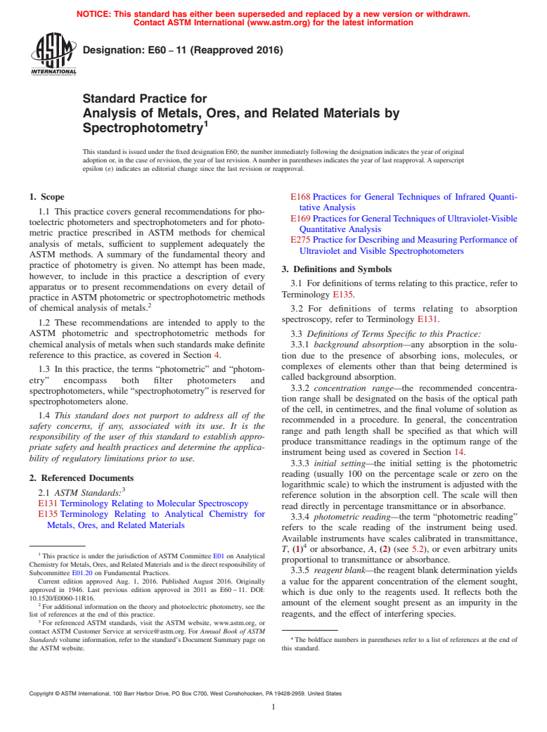 ASTM E60-11(2016) - Standard Practice for  Analysis of Metals, Ores, and Related Materials by Spectrophotometry