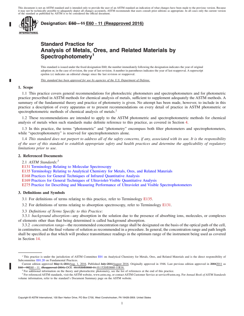 REDLINE ASTM E60-11(2016) - Standard Practice for  Analysis of Metals, Ores, and Related Materials by Spectrophotometry