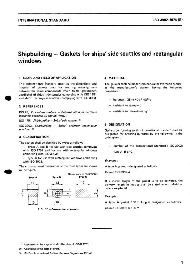 ISO 3902:1976 - Shipbuilding -- Gaskets for ships' side scuttles and rectangular windows