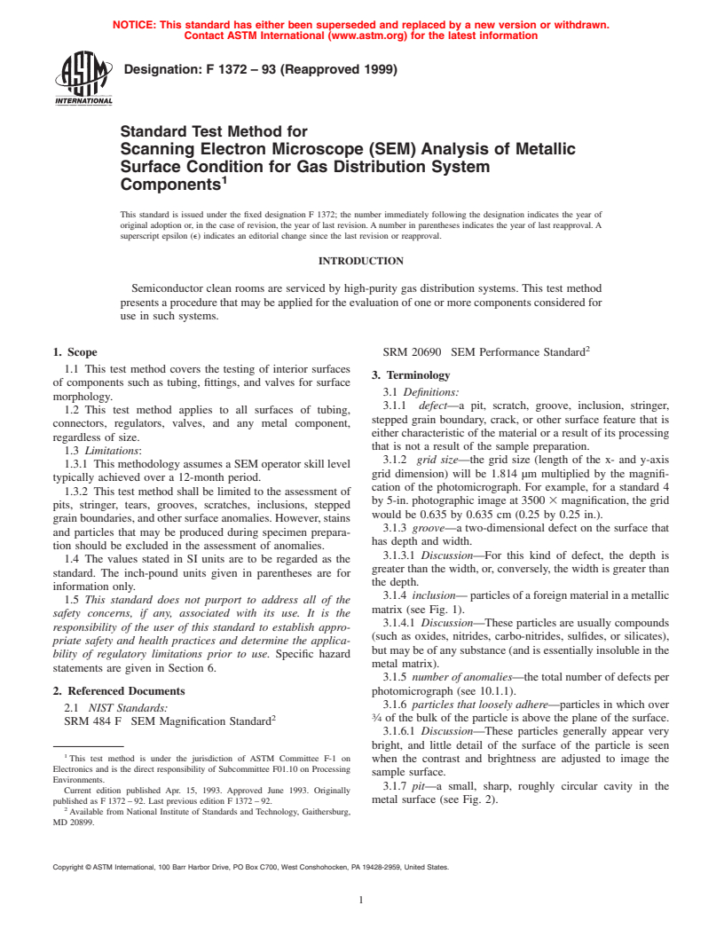 ASTM F1372-93(1999) - Standard Test Method for Scanning Electron Microscope (SEM) Analysis of Metallic Surface Condition for Gas Distribution System Components