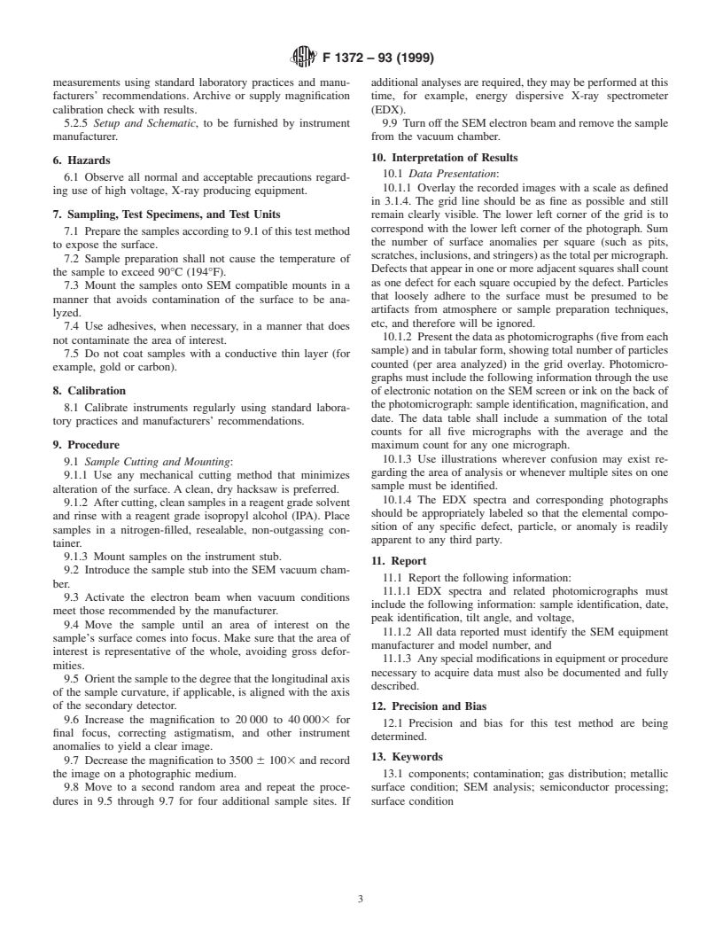 ASTM F1372-93(1999) - Standard Test Method for Scanning Electron Microscope (SEM) Analysis of Metallic Surface Condition for Gas Distribution System Components