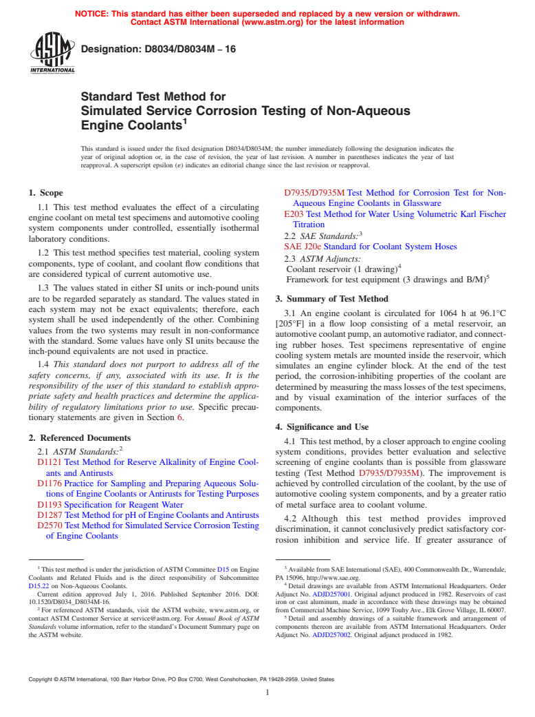 ASTM D8034/D8034M-16 - Standard Test Method for Simulated Service Corrosion Testing of Non-Aqueous Engine Coolants