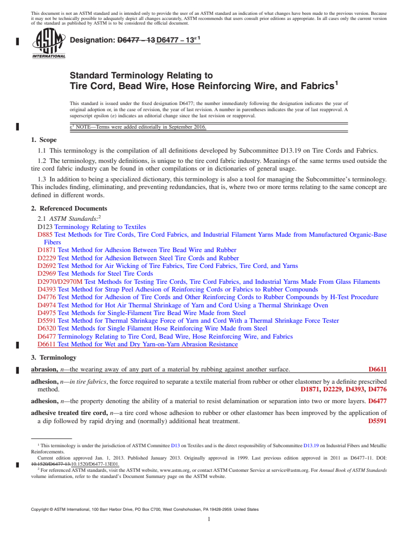 REDLINE ASTM D6477-13e1 - Standard Terminology Relating to  Tire Cord, Bead Wire, Hose Reinforcing Wire, and Fabrics (Withdrawn 2022)