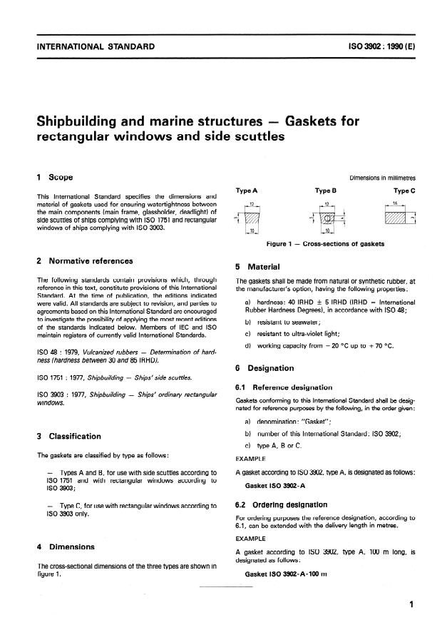 ISO 3902:1990 - Shipbuilding and marine structures -- Gaskets for rectangular windows and side scuttles