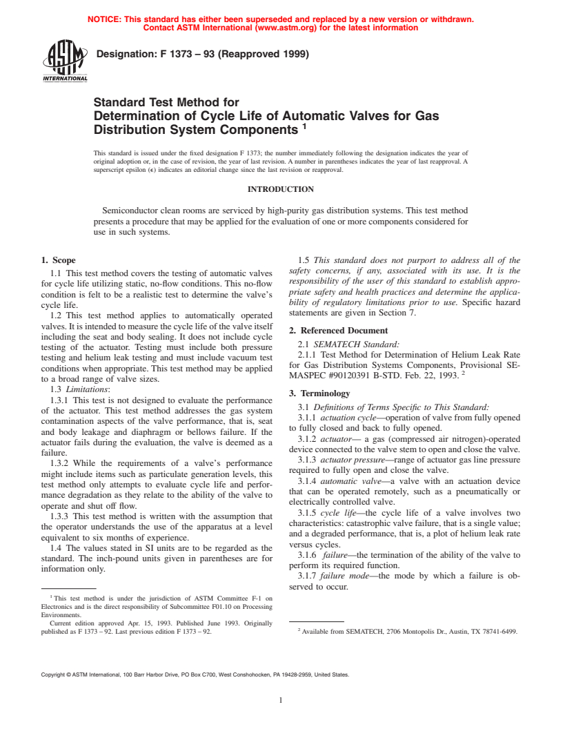 ASTM F1373-93(1999) - Standard Test Method for Determination of Cycle Life of Automatic Valves for Gas Distribution System Components