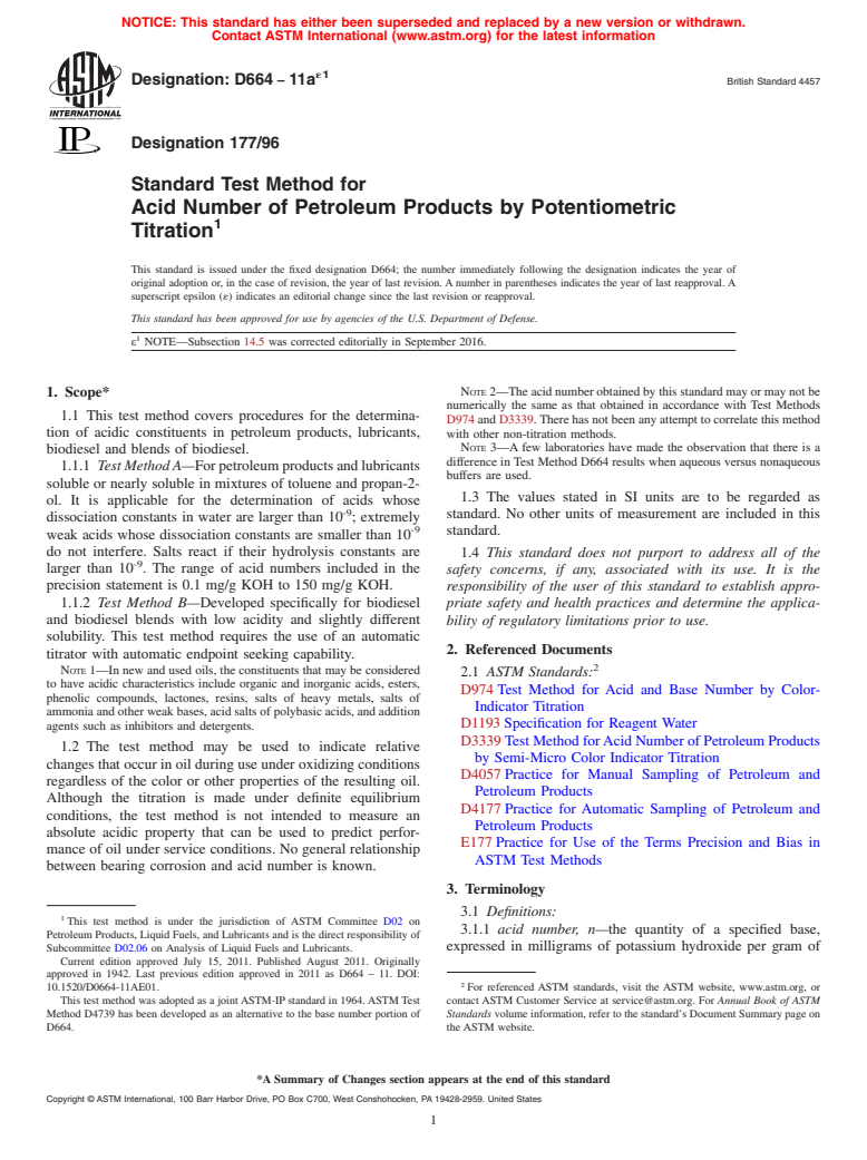 ASTM D664-11ae1 - Standard Test Method for Acid Number of Petroleum Products by Potentiometric Titration