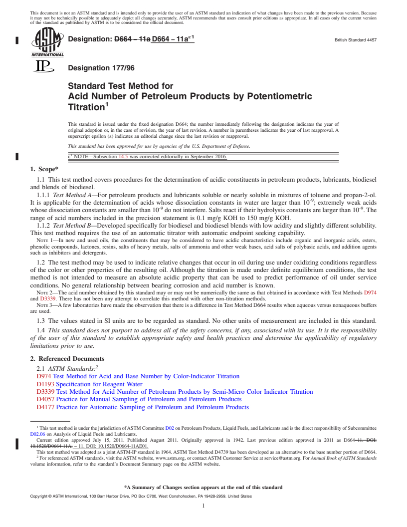REDLINE ASTM D664-11ae1 - Standard Test Method for Acid Number of Petroleum Products by Potentiometric Titration