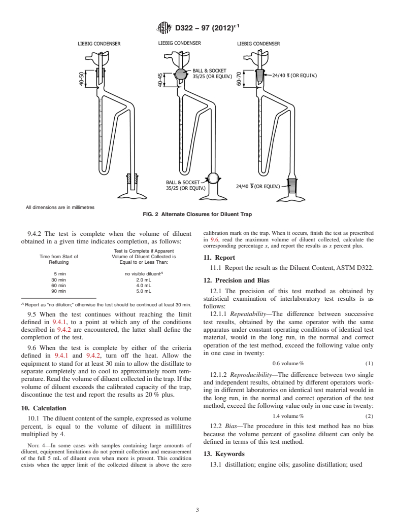 ASTM D322-97(2012)e1 - Standard Test Method for  Gasoline Diluent in Used Gasoline Engine Oils by Distillation