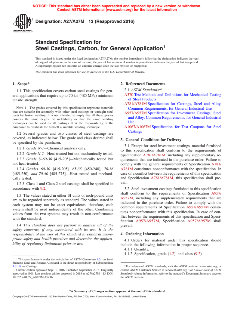 ASTM A27/A27M-13(2016) - Standard Specification for  Steel Castings, Carbon, for General Application