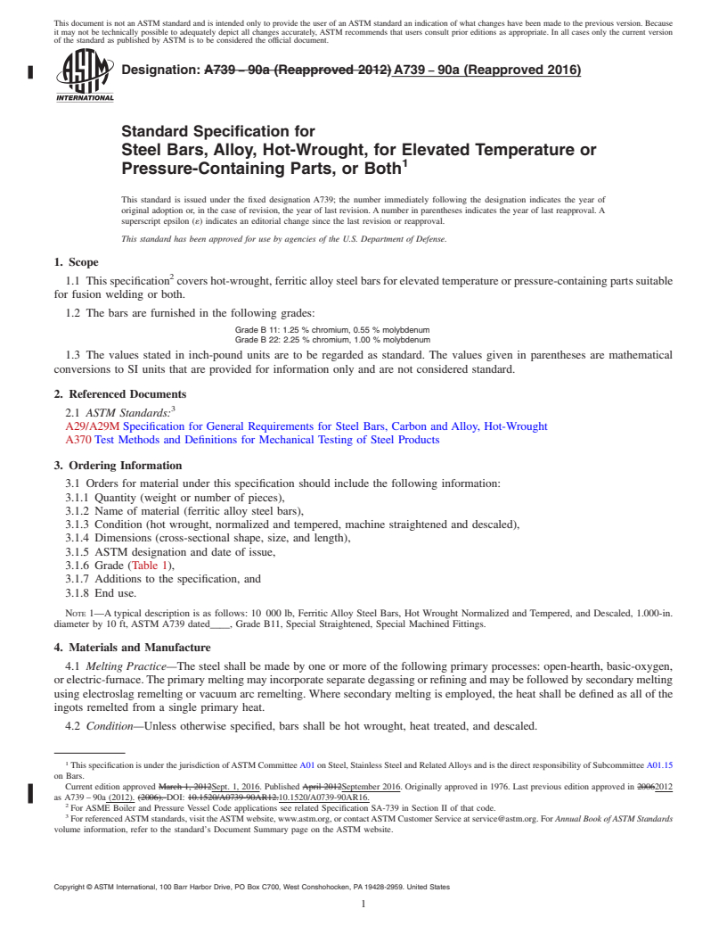 REDLINE ASTM A739-90a(2016) - Standard Specification for Steel Bars, Alloy, Hot-Wrought, for Elevated Temperature or   Pressure-Containing Parts, or Both