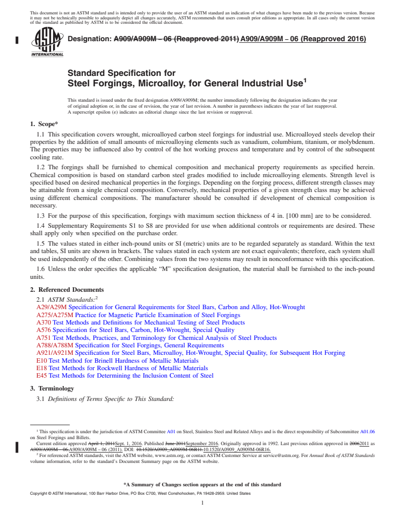 REDLINE ASTM A909/A909M-06(2016) - Standard Specification for Steel Forgings, Microalloy, for General Industrial Use