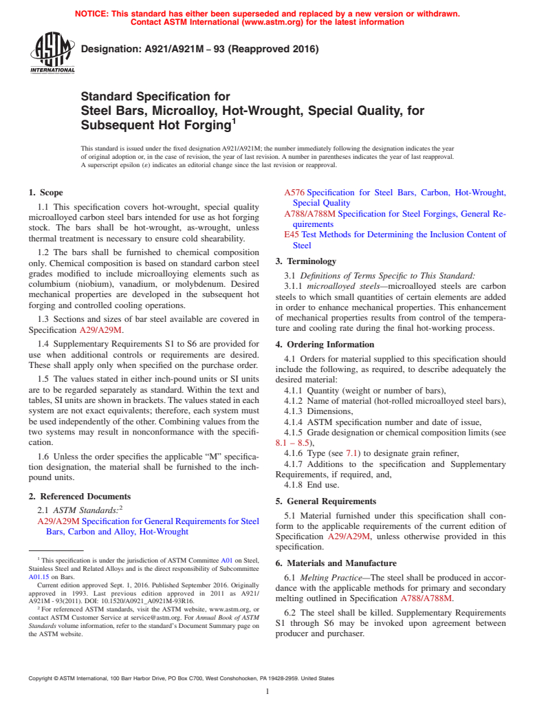 ASTM A921/A921M-93(2016) - Standard Specification for Steel Bars, Microalloy, Hot-Wrought, Special Quality, for Subsequent   Hot Forging