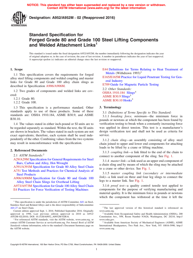 ASTM A952/A952M-02(2016) - Standard Specification for Forged Grade 80 and Grade 100 Steel Lifting Components and  Welded Attachment Links