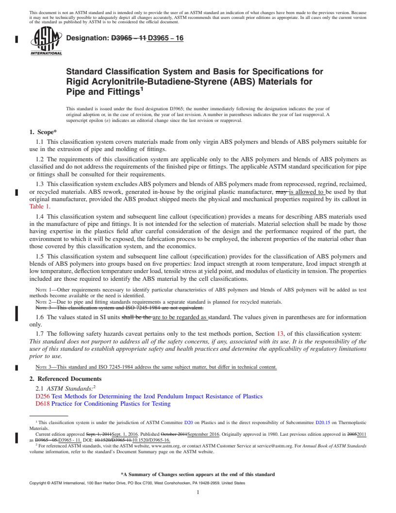 REDLINE ASTM D3965-16 - Standard Classification System and Basis for Specifications for  Rigid Acrylonitrile-Butadiene-Styrene (ABS) Materials for Pipe  and Fittings