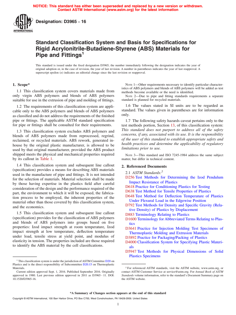 ASTM D3965-16 - Standard Classification System and Basis for Specifications for  Rigid Acrylonitrile-Butadiene-Styrene (ABS) Materials for Pipe  and Fittings