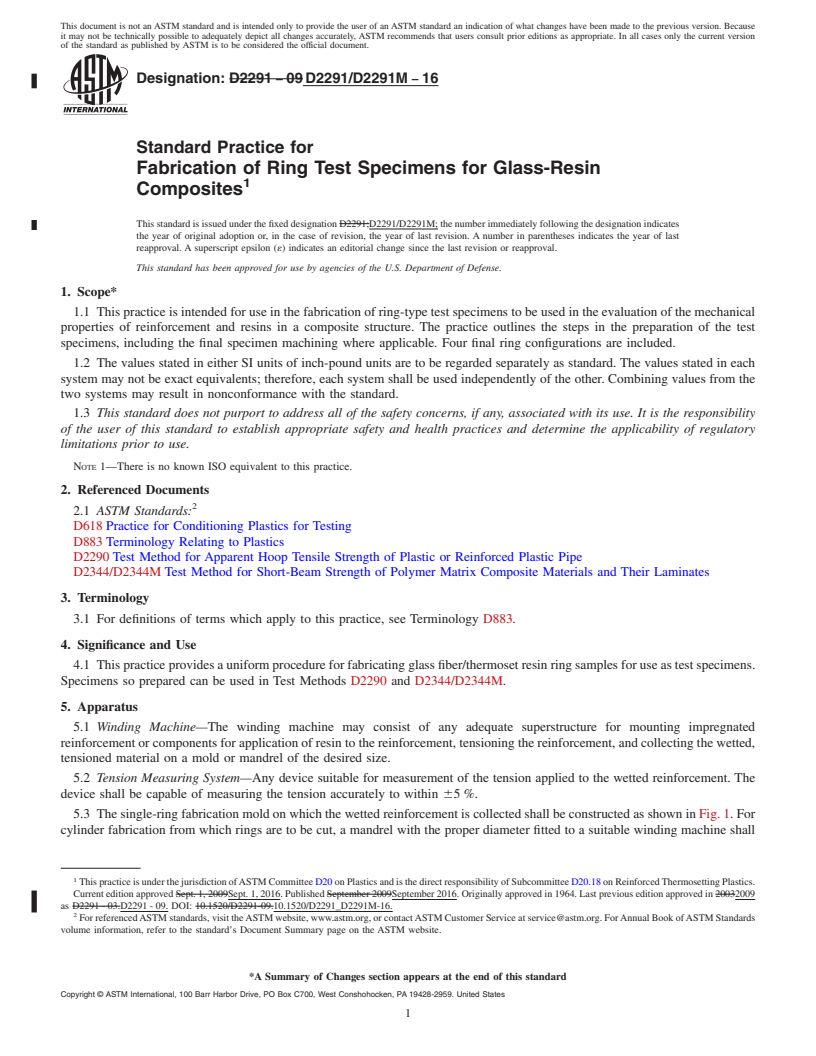 REDLINE ASTM D2291/D2291M-16 - Standard Practice for  Fabrication of Ring Test Specimens for Glass-Resin Composites