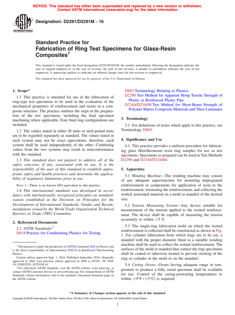 ASTM D2291/D2291M-16 - Standard Practice for  Fabrication of Ring Test Specimens for Glass-Resin Composites